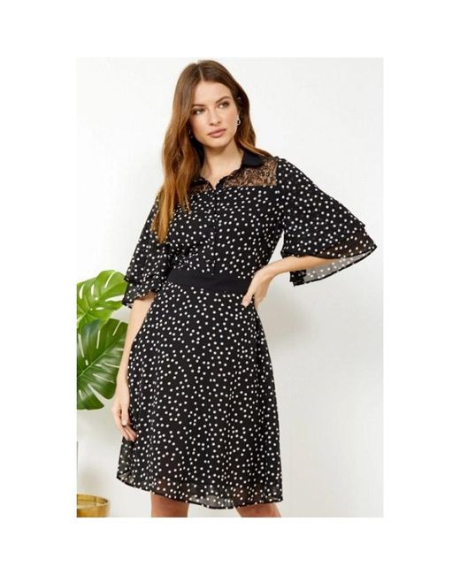 Sosandar Black Polka Dot Lace Detail Shirt Dress