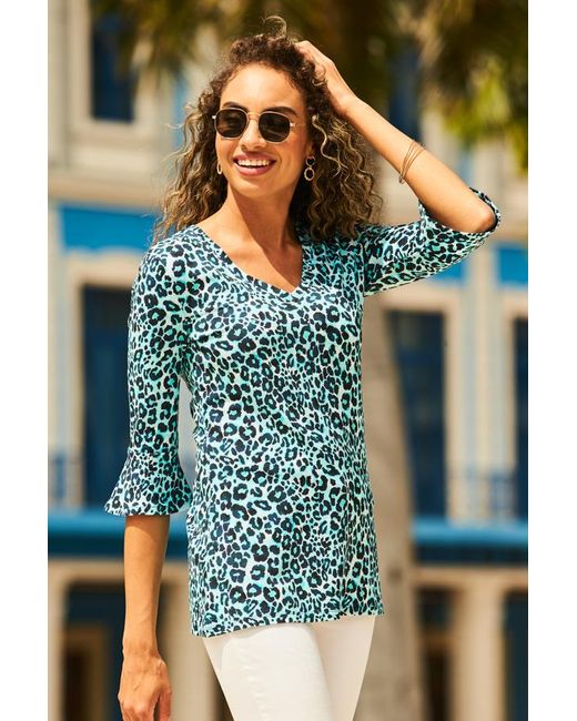 Sosandar Blue Print Fluted Sleeve Top Viscose