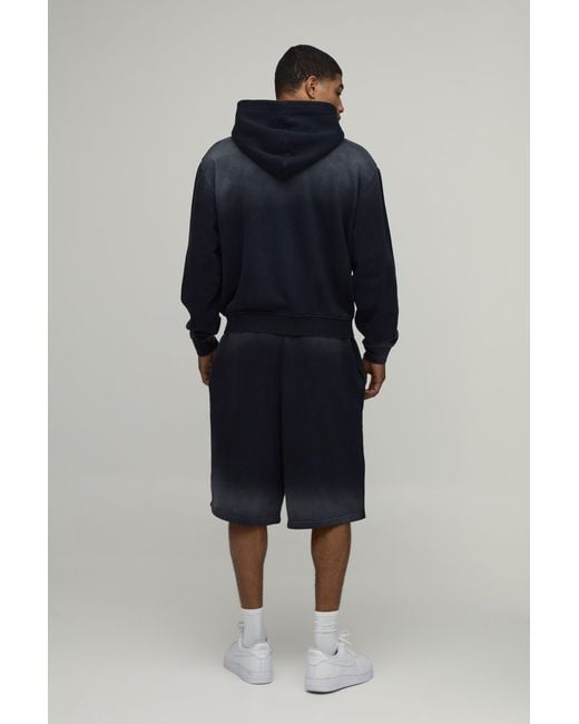 BoohooMAN Blue Oversized Boxy Ombre Wash M Star Zip Through Hooded Jort Tracksuit for men