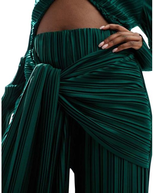ASOS Green Plisse Bardot Twist Front Wide Leg Jumpsuit