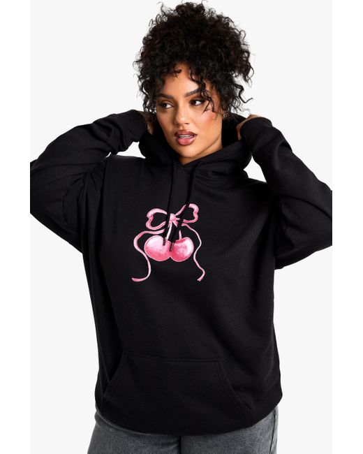 Boohoo Black Plus Bow Cherry Oversized Hoodie