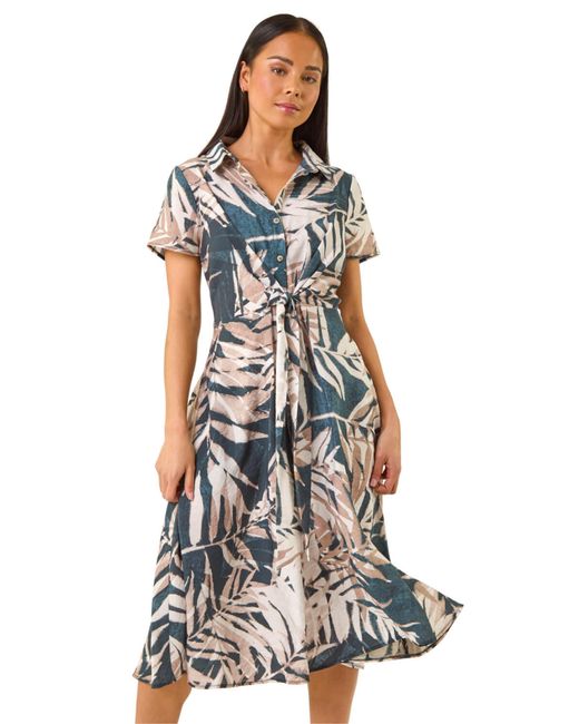 Roman White Petite Leaf Print Tie Midi Dress