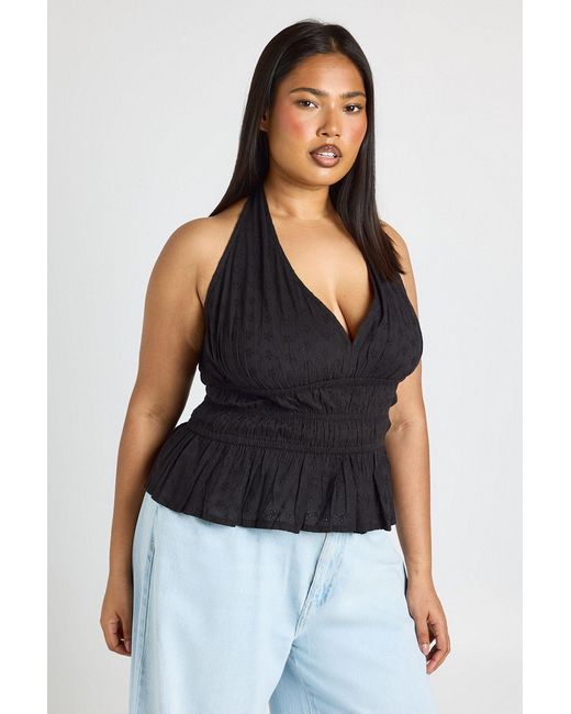 Boohoo Black Plus Broidery Shirred Halterneck Top