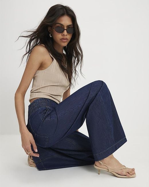 River Island Blue Wide Leg Jeans Pull On Cotton