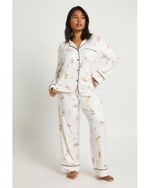 Boohoo Natural Plus Dear Print Long Sleeve Shirt & Trouser Pyjama Set