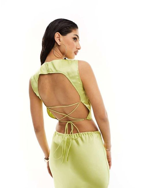 Kaiia Green Exclusive Satin High Neck Open Tie Back Top Co-Ord