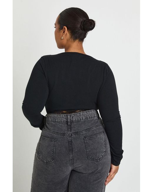 Boohoo Black Plus Cotton Lace Trim Long Sleeve Bodysuit