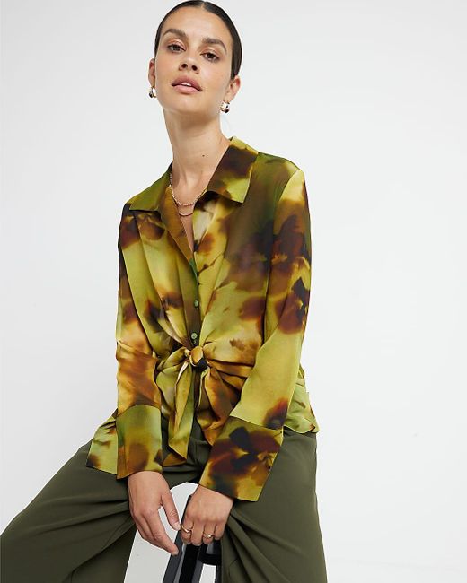 River Island Green Blouse Abstract Print Front Knot