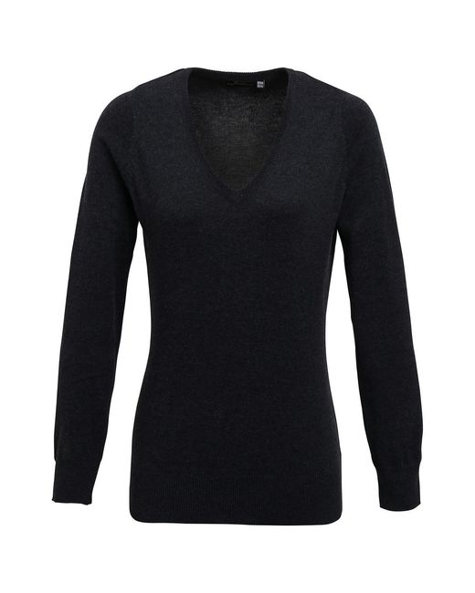 PREMIER Black Ladies Knitted Cotton Acrylic V Neck Sweatshirt