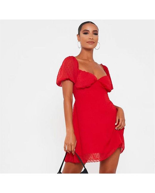 I Saw It First Red Dobby Mesh Puff Sleeve Skater Dress