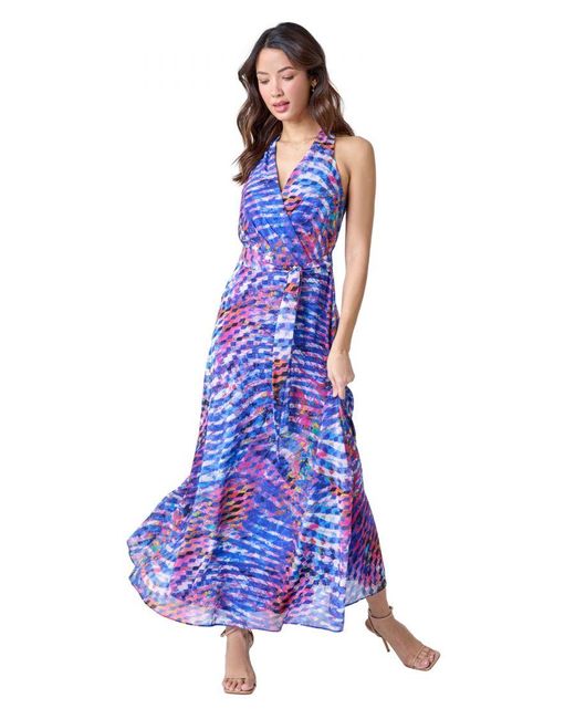 Roman Blue Abstract Print Halterneck Maxi Dress