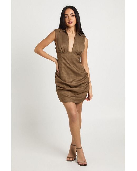 Boohoo Natural Plunge Front Ruched Detail Mini Dress