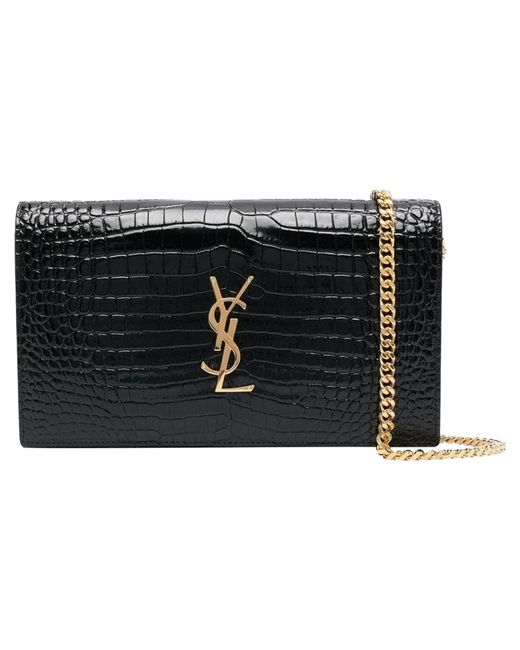 Saint Laurent Black Cassandre Croco Shoulder Bag