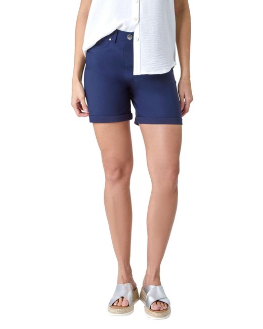 Roman Blue Stretch Elastic Waist Turn Up Shorts