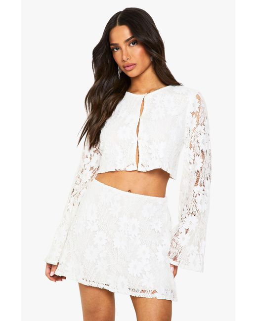 Boohoo White Petite Crochet Long Sleeve And Mini Skirt Co Ord