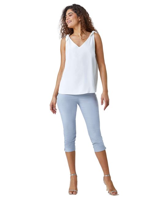 Roman Blue Gingham Elastic Waist Stretch Cropped Trouser