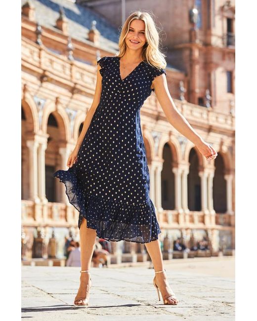 Sosandar White Metallic Spot Print Ruffle Detail Midi Dress