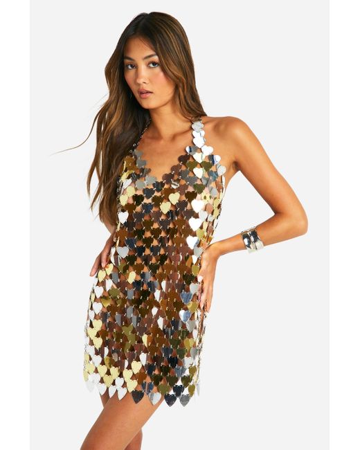 Boohoo Heart Disc Sequin Chain Dress in Metallic | Lyst UK