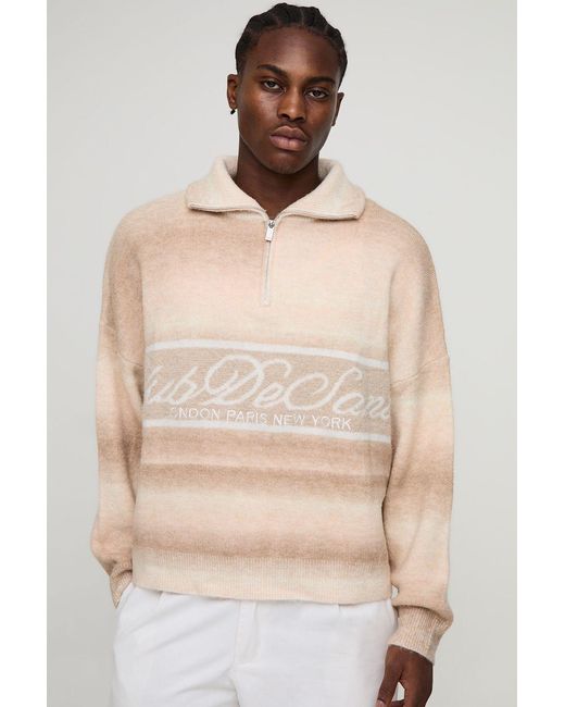 BoohooMAN Natural Oversized Boxy Fit Ombre Stripe Graphic Funnel Neck Knitted Jumper for men