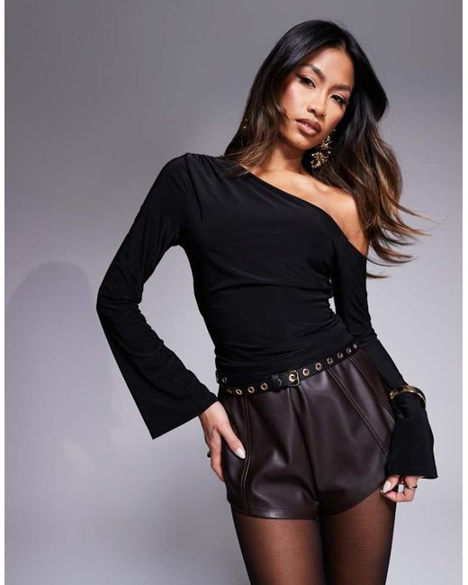 ASOS Black Slinky Ruched One Shoulder Flared Sleeve Top With Tie Waist Detail