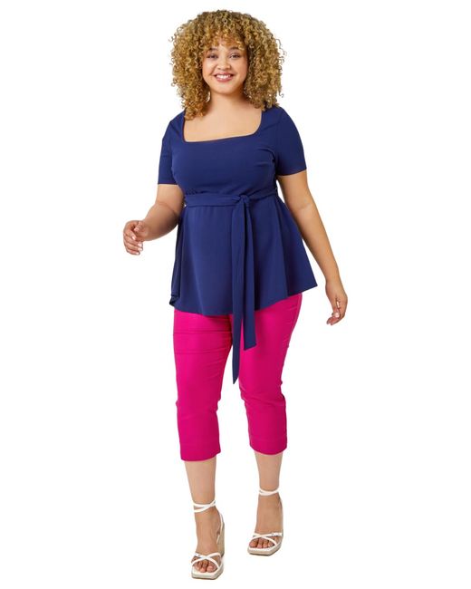 Roman Curve Blue Stretch Belted Peplum Top