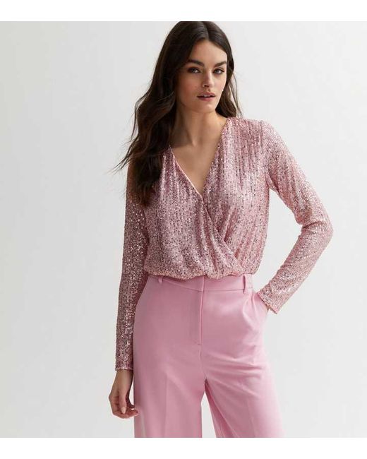 Gini London Pink Sequin Wrap Long Sleeves Bodysuit