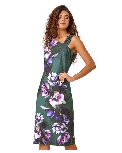 Roman Blue Floral Asymmetric Pleat Detail Stretch Dress