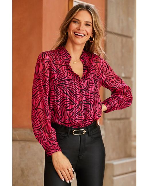 Sosandar Red Animal Print Luxe Stripe Detail Blouse