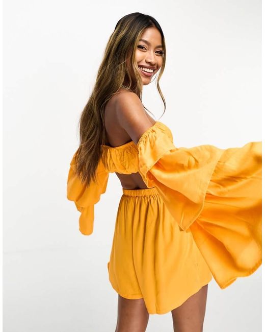 ASOS Orange Ruffle Sleeve Beach Co-Ord Crop Top
