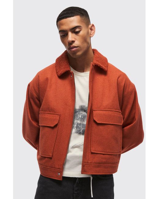 BoohooMAN Red Boxy Borg Collar Harrington Jacket In Rust for men
