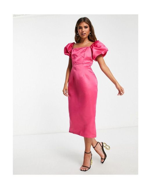 In The Style Pink X Terrie Mcevoy Puff Sleeve Midi Pencil Dress