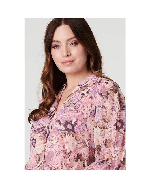 Izabel London Pink Floral Long Puff Sleeve Shirt Dress