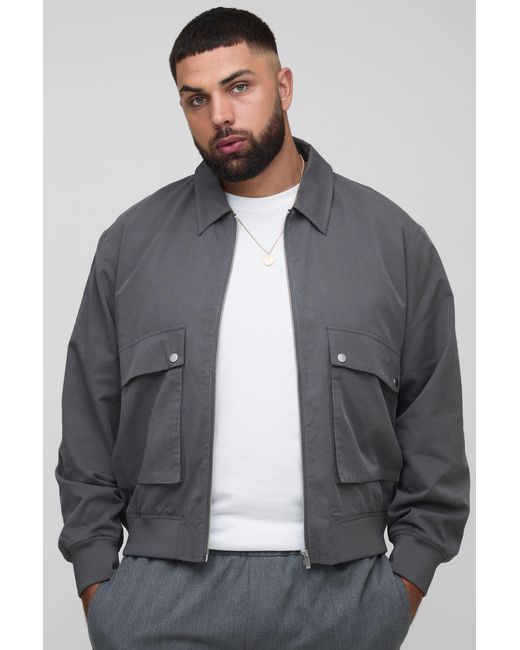 BoohooMAN Gray Plus Boxy Technical Utility Cargo Pocket Harrington Jacket for men