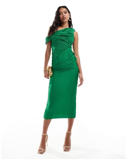 ASOS Green Plisse Twist Fallen Shoulder Midi Dress