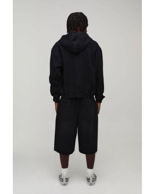 BoohooMAN Black Washed Rhinestone Boxy Oversized Zip Up Denim Hoodie for men