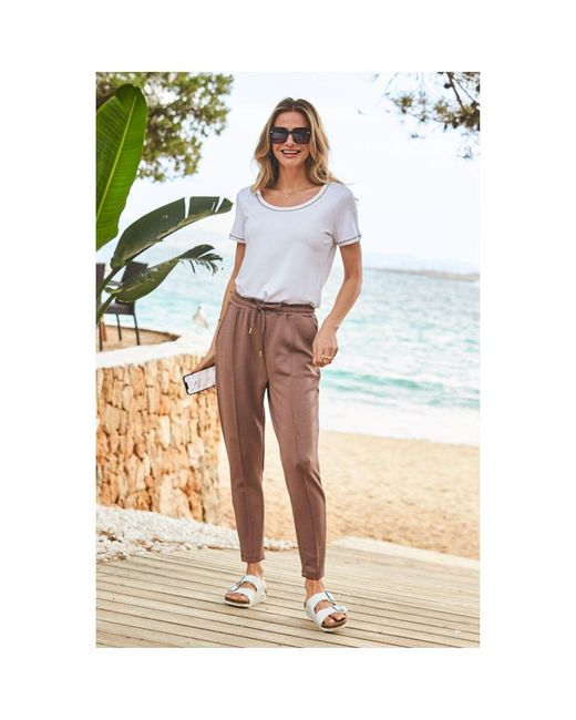 Sosandar White Jasmine Taupe Seam Detail Slim Fit Joggers