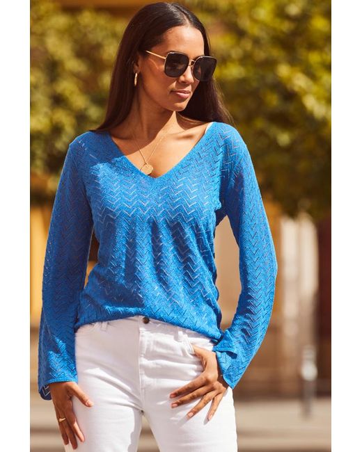 Sosandar Blue Chevron Knit Pointelle Jumper