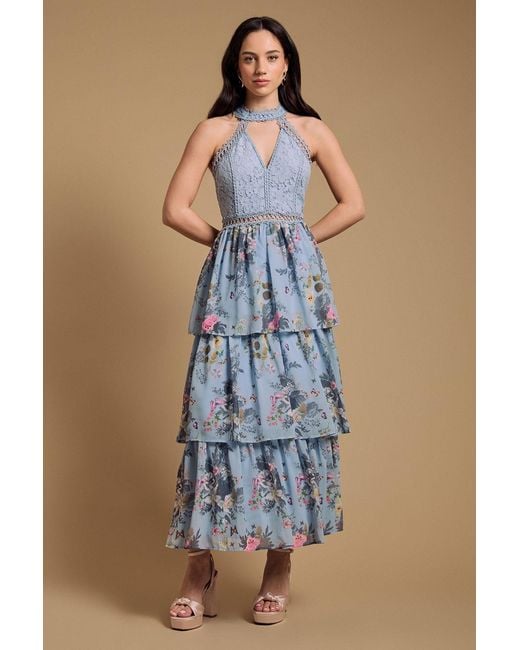 Oasis Blue Lace Tiered Halter Neck Midi Dress