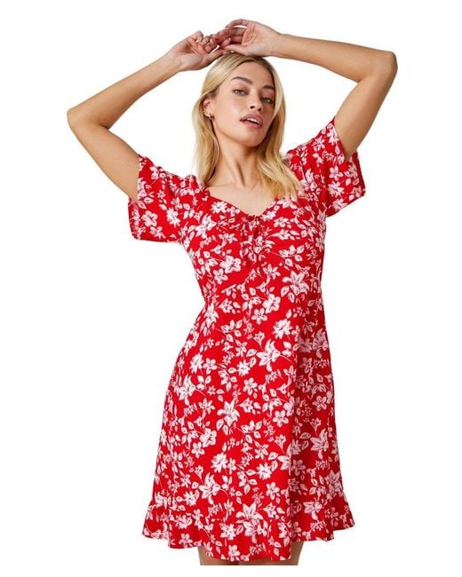 D.u.s.k Red Floral Print Frill Hem Mini Dress