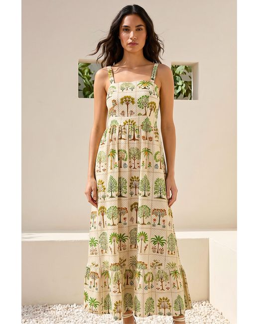 Roman Multicolor Tree Tile Print Strappy Tie Midi Dress
