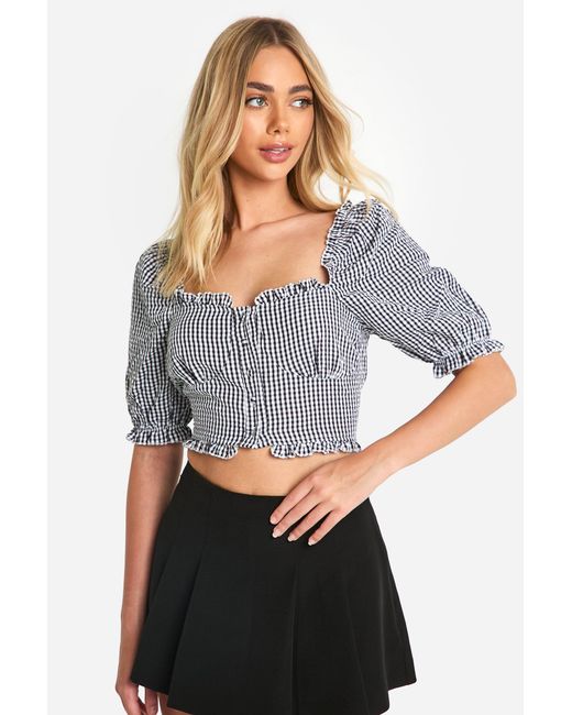 Boohoo Gray Gingham Frill Hem Puff Sleeve Crop Top