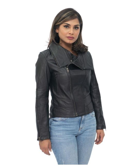 Infinity Leather Black Detachable Collar Biker Jacket-Rosario