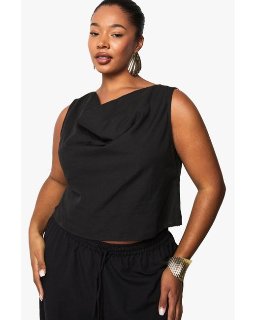 Boohoo Black Plus Linen Look Cowl Neck Crop Top