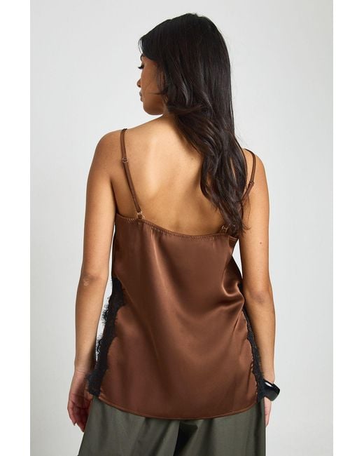 Boohoo Brown Lace Side Split Satin Cami Top