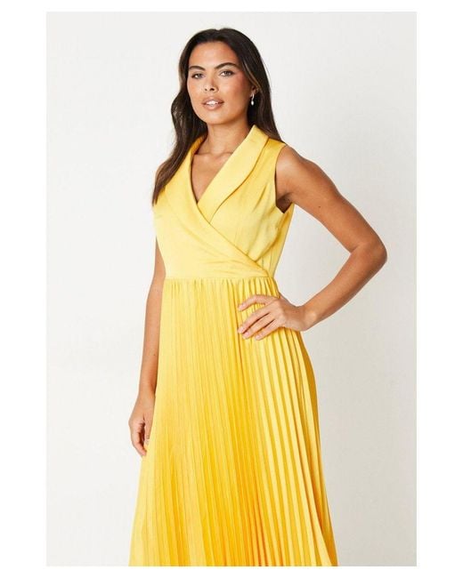 Coast Yellow Satin Collared Midi Dress With Pleated Skirt