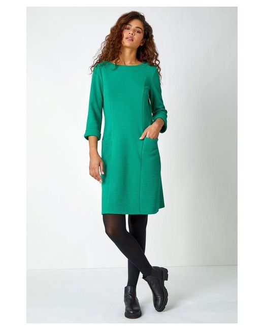 Roman Green Textured Pocket Cotton Blend Shift Dress