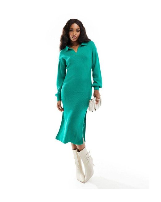 In The Style Green Exclusive Knitted Collar Detail Midi Jumper Dress