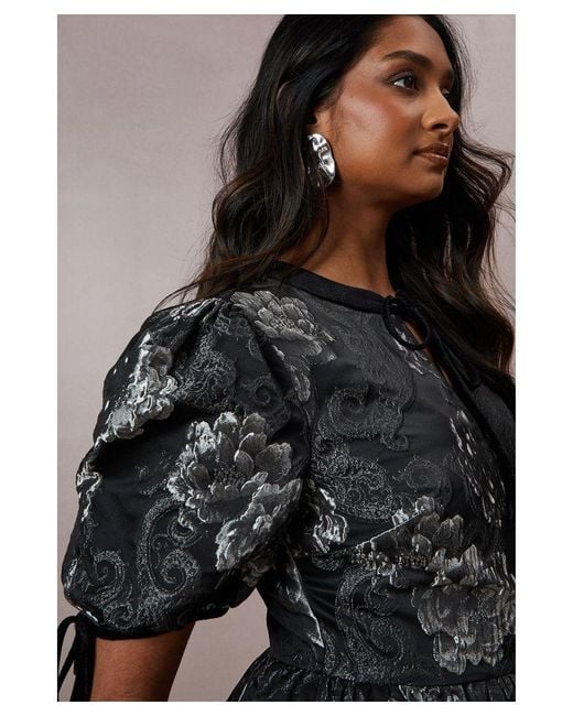 Oasis Black Occasion Metallic Jacquard Velvet Trim Smock Dress