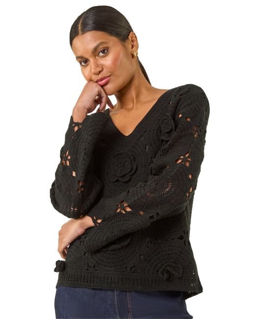 Roman Black Crochet Floral Knit Jumper