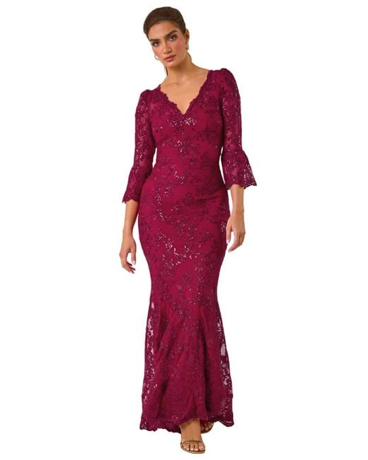 Ariella Lace Scallop V-Neck Bodycon Maxi Dress in Red | Lyst UK